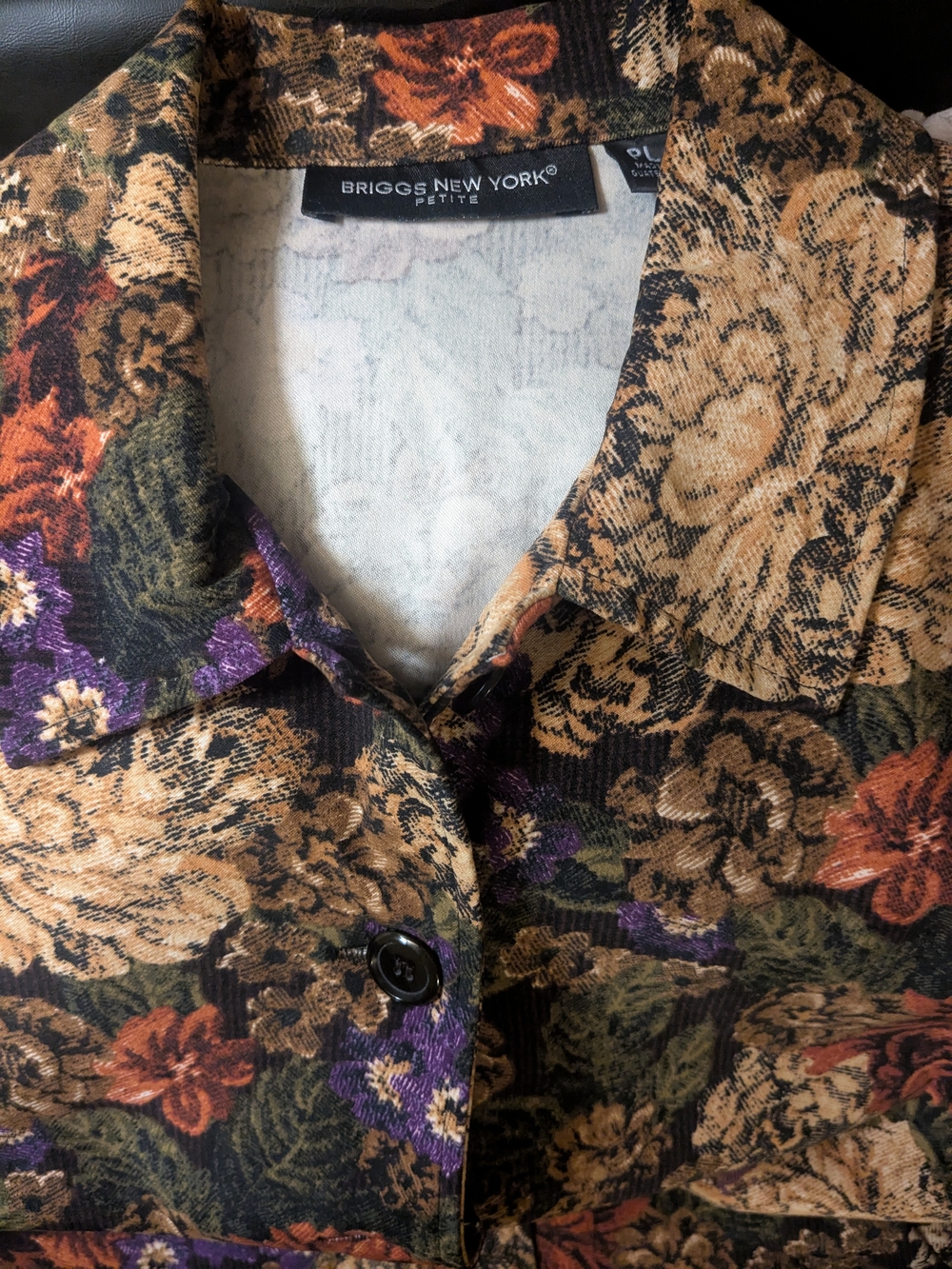 Vintage Briggs New York Floral Button-Down Shirt in Brown, Purple & Green PL
